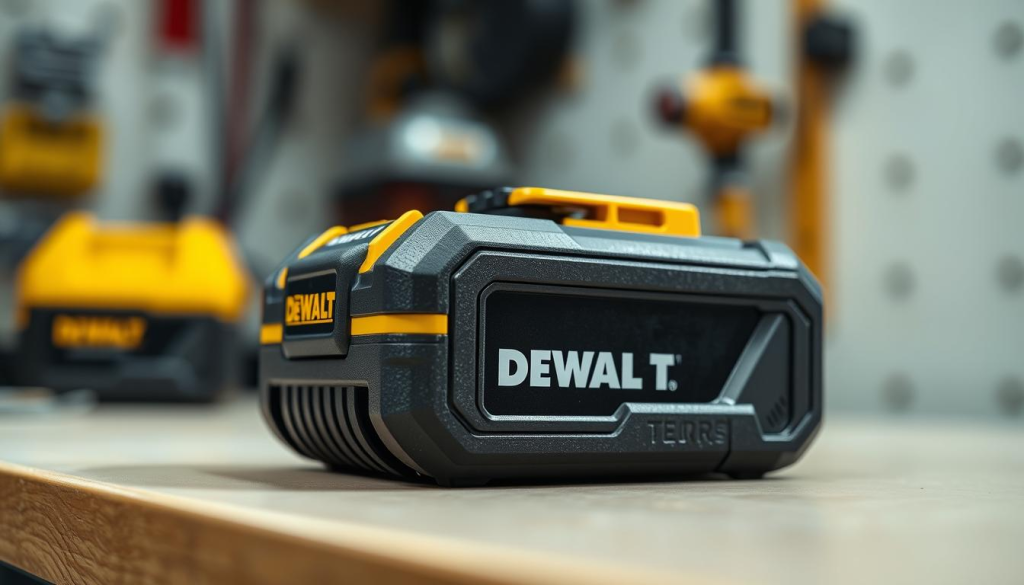 A DEWALT 18V cordless power tool battery resting on a clean, well-lit workbench. The battery's exterior is shown in detailed, high-resolution close-up, revealing its rugged construction and prominent DEWALT branding. The lighting is soft and diffused, creating an even, shadowless illumination that highlights the battery's textured surface and metallic accents. The background is blurred, placing the focus entirely on the battery and emphasizing its importance as the subject. The overall mood is one of precision, professionalism, and attention to detail - reflective of the care and maintenance required for DEWALT power tool batteries.