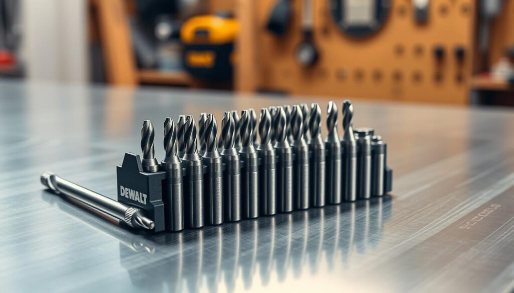 A DEWALT drill bit set rests on a sleek, stainless steel surface, the drill bits neatly arranged in a precise grid pattern. The bits, crafted with high-quality steel, gleam under the warm, diffused lighting, casting subtle shadows that accentuate their form. In the background, a softly blurred, minimalist workshop setting suggests a sense of professionalism and attention to detail. The overall composition conveys the essential accessories needed to elevate the performance of a DEWALT drill, inspiring confidence and a desire to tackle any project with the best tools available.