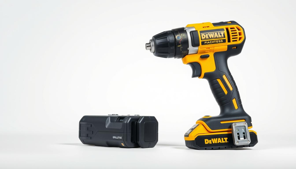 A DEWALT impact driver with a sleek metallic body, showcased in a well-lit, high-contrast studio setting. The device is positioned diagonally, highlighting its compact and ergonomic design. The foreground showcases the key features - the powerful brushless motor, the LED work light, and the variable speed trigger. The middle ground reveals the impact mechanism and the heavy-duty chuck, emphasizing the tool's durability and precision. The background is a clean, white backdrop, allowing the impact driver to take center stage and commanding attention. The overall mood is one of professionalism, functionality, and engineering excellence, befitting the reputation of the DEWALT brand.