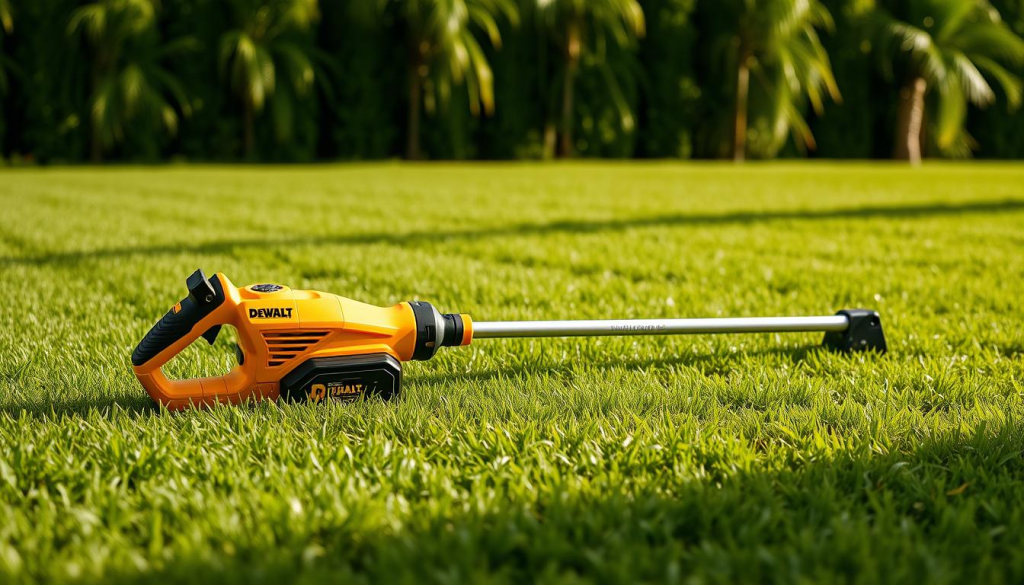 A DeWalt cordless grass trimmer set against a lush, verdant backdrop. The trimmer's sleek, yellow body gleams under soft, diffused natural lighting, casting gentle shadows on the well-manicured lawn. The trimmer's rotating nylon line effortlessly trims the grass, leaving a neat, uniform surface. In the distance, a row of tall, swaying trees adds to the serene, eco-friendly atmosphere. The image conveys the power and precision of the tool while emphasizing its environmental compatibility.