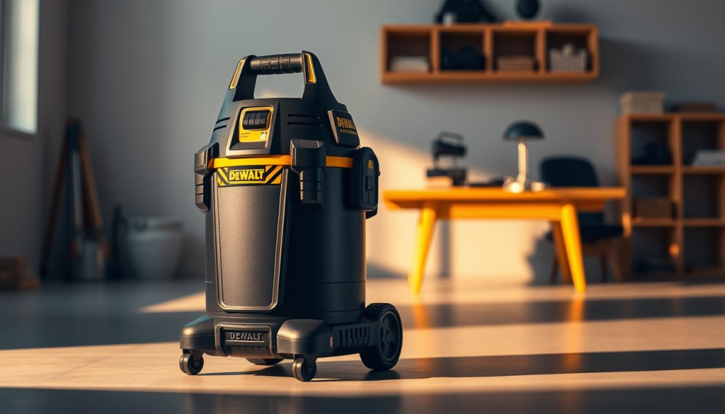 A Dewalt portable vacuum cleaner standing prominently in the foreground, its sleek black and yellow design conveying a sense of power and efficiency. The vacuum is illuminated by warm, directional lighting, casting dramatic shadows that accentuate its form. The middle ground features a clean, minimalist workspace, with a wooden desk and shelves in the background, hinting at the vacuum's intended use. The overall atmosphere is one of professionalism and attention to detail, reflecting the high-quality engineering and performance of the Dewalt vacuum.