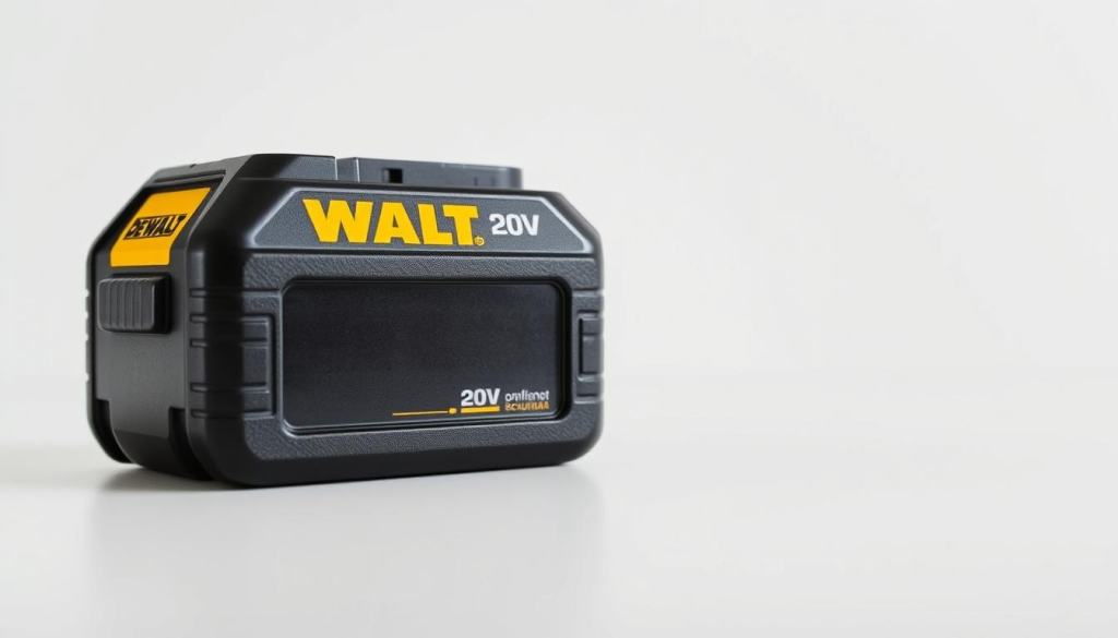 A close-up shot of a DEWALT 20V battery pack, its rugged and sleek design prominently showcased against a clean, minimalist background. The battery's textured black housing reflects the powerful technology within, while the iconic DEWALT logo stands out in bold yellow. Soft, directional lighting illuminates the battery's contours, highlighting its sturdy construction and premium quality. The image conveys a sense of reliability, durability, and the cordless potential that DEWALT 20V batteries offer, perfectly aligning with the article's subject and section title.