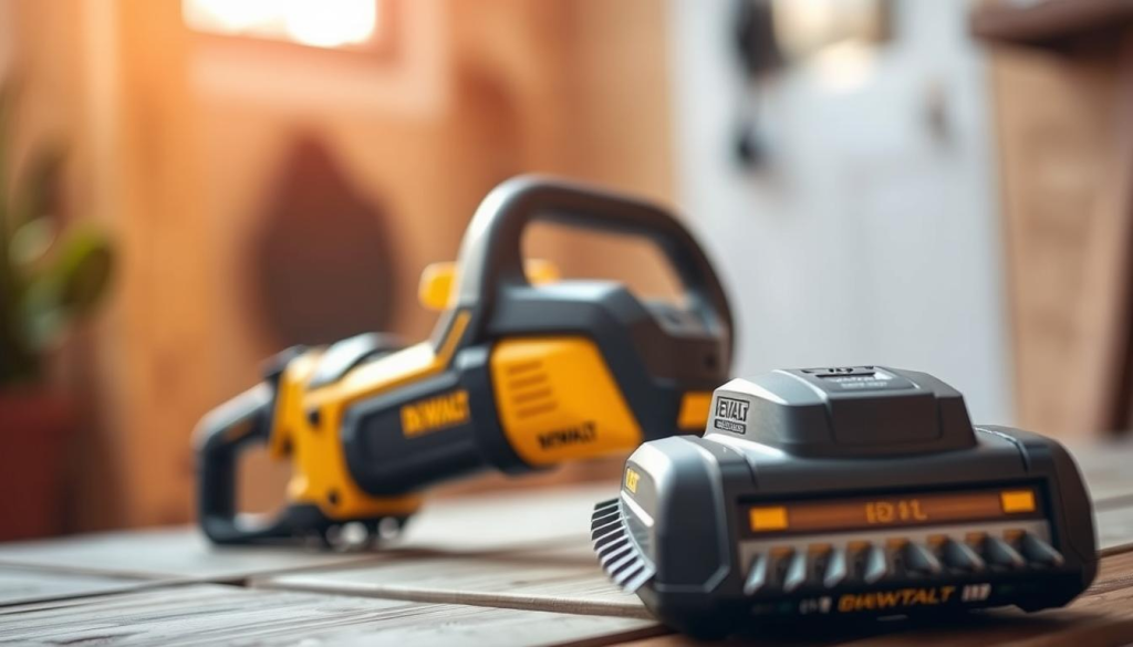 A close-up shot of a DEWALT cordless hedge trimmer on a wooden surface, showcasing its sleek design and powerful blades. The trimmer is positioned prominently in the foreground, bathed in warm, natural lighting that accentuates its metallic accents. In the background, a blurred, minimalist setting evokes a sense of home gardening and DIY projects. The image conveys a sense of quality, efficiency, and user-friendliness, capturing the essence of the DEWALT brand and aligning with the article's "User Reviews and Experiences" section.