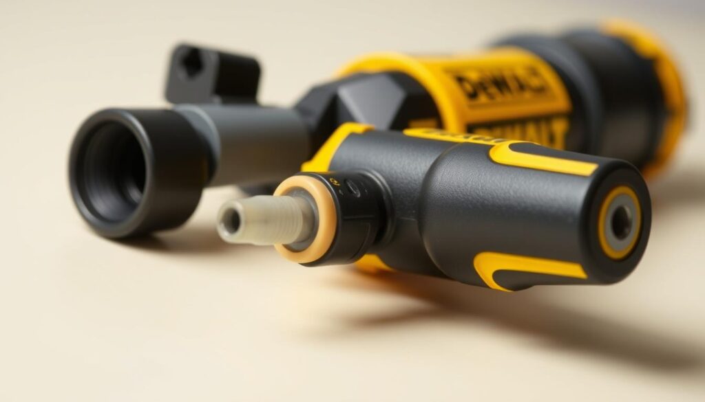 A close-up view of a DeWalt grease gun, showcasing its key features. The gun is positioned on a clean, light-colored surface, allowing the details to stand out. The barrel, trigger, and grease fitting are prominently displayed, with a soft, even lighting illuminating the matte black and yellow accents. The gun is angled slightly, revealing its ergonomic grip and providing a clear view of its robust construction. The background is blurred, keeping the focus on the grease gun's form and functionality. This image aims to highlight the device's durability, ease of use, and suitability for the "Common Mistakes to Avoid" section of the article.