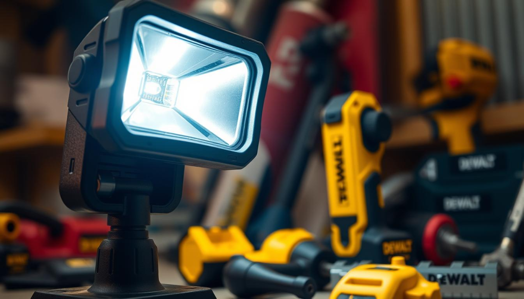 A close-up view of a sturdy DEWALT LED work light, its sleek black and yellow casing gleaming under warm, diffused lighting. The light is positioned at a slight angle, casting a wide, evenly distributed beam that illuminates the surrounding area. The lens is crystal clear, capturing the light's sharp, focused intensity. In the middle ground, various DEWALT tool accessories are neatly arranged, hinting at the light's versatility in a professional workshop or jobsite setting. The background is slightly blurred, emphasizing the light as the central focus of the image.