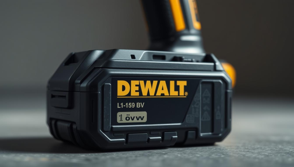 A close-up, well-lit, high-resolution photograph of a DEWALT 20V lithium-ion battery pack. The battery is positioned prominently in the foreground, showcasing its sturdy construction and sleek black design. The background is slightly blurred, drawing the viewer's attention to the battery's key features, such as the prominent DEWALT branding, the battery capacity indicator, and the battery release mechanism. The lighting is soft and flattering, creating shadows and highlights that accentuate the battery's form and texture. The overall mood is one of quality, durability, and power, reflecting the characteristics of the DEWALT 20V battery system.