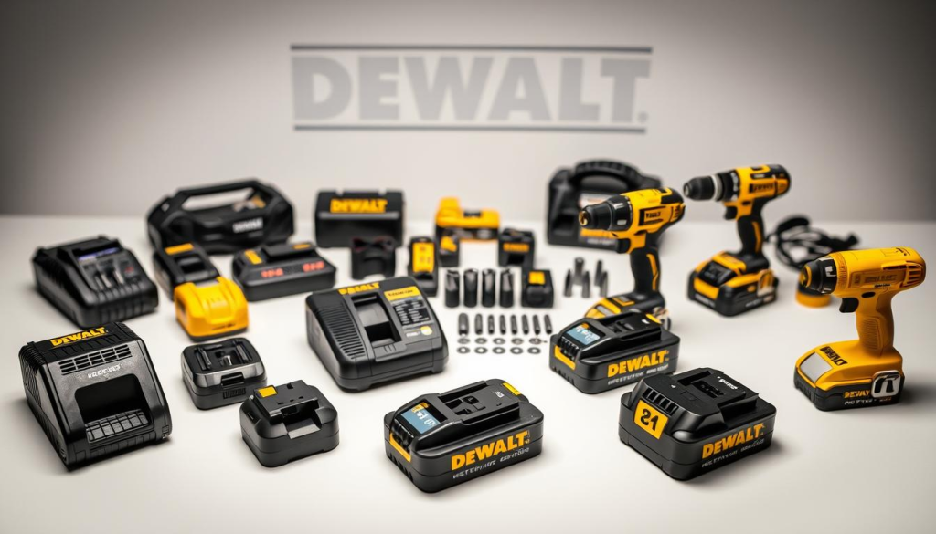 A collection of DEWALT battery accessories, meticulously arranged on a clean, well-lit surface. In the foreground, various battery chargers and adapters in sleek, modern designs sit alongside interchangeable battery packs of different capacities. In the middle ground, power tool attachments and accessories, such as LED work lights and impact driver bits, are neatly displayed. The background features a subtle, slightly blurred DEWALT logo, suggesting the high-quality and professional nature of the brand. The overall composition conveys a sense of organization, efficiency, and the versatility of DEWALT's battery-powered ecosystem.