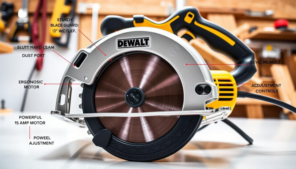 A crisp, high-resolution image of a DEWALT 7-1/4" circular saw from a low-angle perspective, showcasing its key features. The saw is positioned on a clean, reflective surface, allowing the details to stand out. The foreground highlights the sturdy blade guard, ergonomic handle, and dust port, while the middle ground reveals the powerful 15-amp motor and bevel adjustment controls. The background subtly suggests a workshop environment, with hints of tools and materials. The lighting is bright and directional, casting sharp shadows and emphasizing the saw's robust construction and precision engineering.
