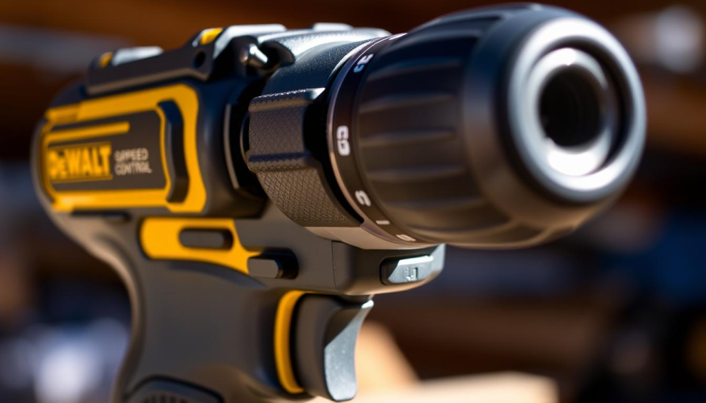 A detailed close-up of a DEWALT cordless power drill, showcasing its key features. The drill is positioned at a slight angle, with the chuck, trigger, and speed control buttons prominently displayed in the foreground. The textured grip and sleek, black body of the drill are clearly visible, conveying a sense of durability and high-quality construction. The lighting is bright and natural, highlighting the tool's metallic accents and reinforcing its professional-grade appearance. The background is blurred, keeping the focus on the drill's intricate design and functionality.
