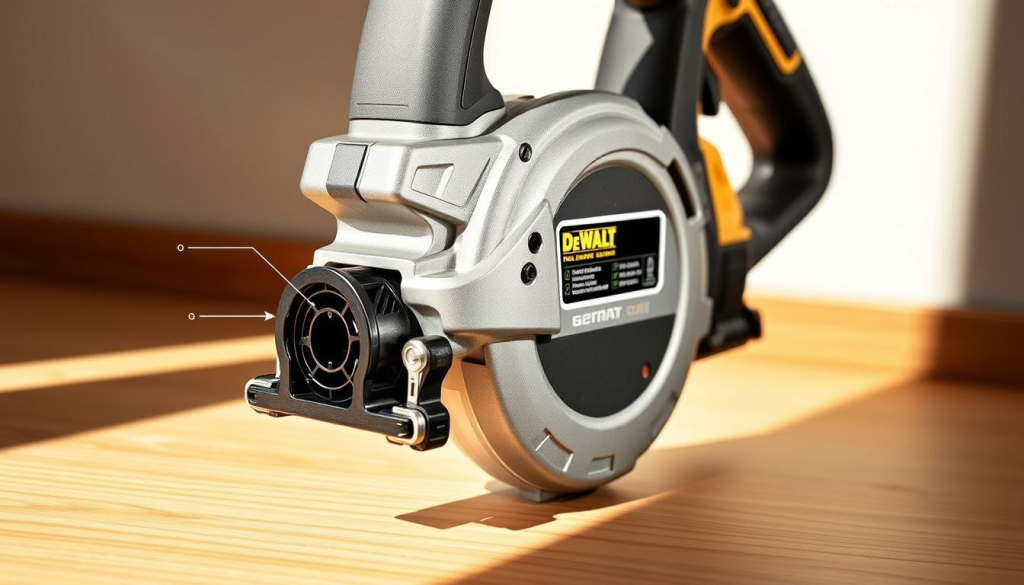 A detailed, close-up view of a DEWALT jigsaw showcasing its key features. The jigsaw is positioned on a clean, bright wooden surface, illuminated by natural, directional lighting from the side, casting subtle shadows that accentuate the tool's contours and textures. The foreground features the jigsaw's blade guard, dust blower, and ergonomic handle with soft grip, while the middle ground highlights the powerful motor, precision-engineered footplate, and bevel adjustment mechanism. The background subtly blends into a clean, uncluttered environment, allowing the jigsaw's engineering and design to be the central focus.