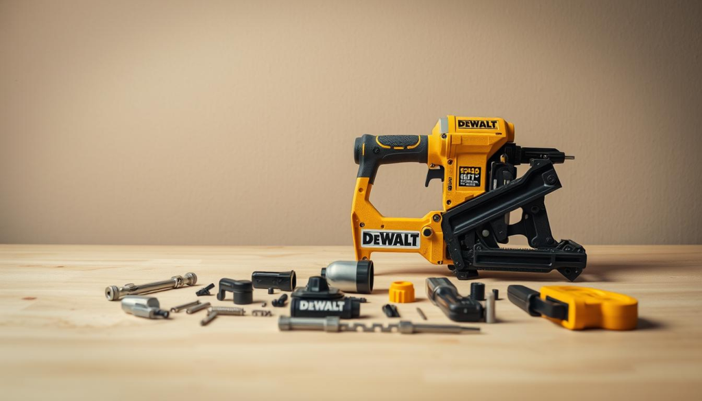 A detailed, close-up view of a DEWALT nail gun on a workbench against a muted, neutral-toned background. The nail gun is disassembled, with various components laid out neatly, showcasing its inner mechanisms. The lighting is soft and even, highlighting the intricate details of the tool. The scene conveys a sense of technical expertise and a focus on troubleshooting, with the viewer invited to examine the nail gun's components and understand the potential issues that may arise during its use.