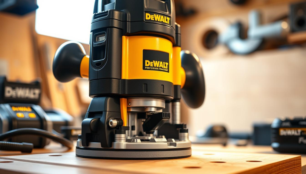 A detailed close-up view of a high-quality DEWALT router, showcasing its precision engineering and robust features. The router is positioned prominently in the center, bathed in warm, directional lighting that accentuates its sleek black and yellow design. The foreground focuses on the router's key components, such as the powerful motor, sturdy base, and adjustable depth controls, conveying a sense of quality and craftsmanship. The middle ground includes the router's cordless battery pack and various included accessories, highlighting the tool's versatility. The background is blurred, keeping the attention on the router's intricate details and premium construction, emphasizing its capabilities for precision woodworking.