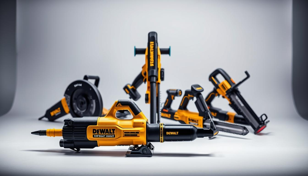A detailed comparison of DEWALT reciprocating saws against their competitors, showcased in a sleek, metallic-themed studio setting. The foreground features the DEWALT saw prominently displayed, with its durable construction and vibrant branding emphasized. In the middle ground, the competing models are arranged in a side-by-side arrangement, allowing for a detailed inspection of their features and performance. The background is a clean, minimalist backdrop, with dramatic studio lighting casting dramatic shadows and highlights, accentuating the tools' precision engineering. The overall mood is one of power, efficiency, and technological superiority, reflecting the DEWALT brand's reputation for quality and innovation.