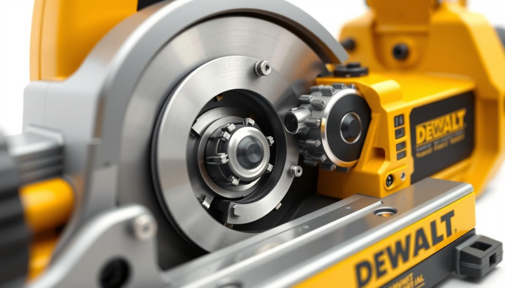 A detailed, high-quality 3D render of the internal mechanism of a DEWALT planer, showcasing its key components and engineering. The foreground should clearly display the rotating blades, feed rollers, and the powerful motor that drives the planing action. The middle ground should include the precision adjustment knobs, dust collection port, and other functional elements. The background should depict the sturdy, durable housing of the planer, highlighting its robust construction. Utilize realistic lighting to accentuate the metallic surfaces, gears, and the overall technical elegance of the design. Capture the mechanism from an angle that provides a clear, unobstructed view, using a shallow depth of field to focus attention on the essential working parts.