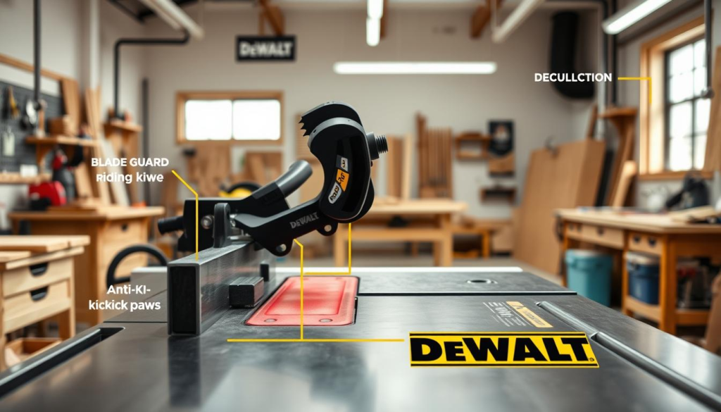 A detailed, high-quality image of the safety features on a DEWALT table saw, shown in a well-lit, clean workshop setting. In the foreground, a sturdy DEWALT table saw with a prominent blade guard, riving knife, and anti-kickback pawls. The middle ground showcases the saw's integrated dust collection system and transparent blade guard. In the background, the workshop environment features ample natural lighting, clean workbenches, and organized tools, conveying a sense of safety and precision. The overall image emphasizes the advanced safety engineering that DEWALT incorporates into its table saws, making them suitable for professional woodworking applications.