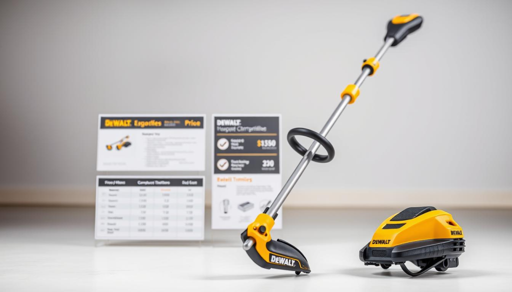 A detailed, high-quality photograph of a DEWALT grass trimmer, showcased against a clean, minimalist background. The trimmer is positioned in the foreground, with a sharp focus and excellent lighting to highlight its sleek, modern design and premium build quality. In the middle ground, display price tags, comparison charts, and product specifications to provide a comprehensive value analysis. The background is subtly blurred, maintaining a professional, informative tone. The overall composition conveys a sense of authority, quality, and the trimmer's exceptional performance and affordability.