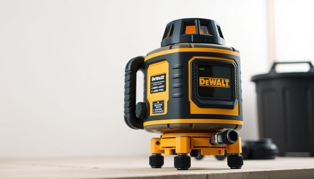 A detailed, high-quality product shot of a DEWALT laser level, showcased in a well-lit, clean studio environment. The laser level is prominently displayed, with its various features clearly visible, including the digital display, adjustment knobs, and accessories. Capture the sleek, rugged design and the precision engineering that are the hallmarks of the DEWALT brand. Use a crisp, professional-grade camera lens to ensure sharpness and clarity, and position the laser level at an angle that highlights its key components. The overall mood should convey a sense of reliability, quality, and the tool's suitability for a range of DIY and construction applications.