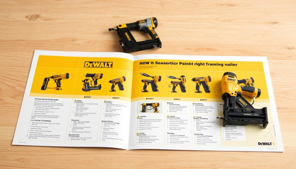 A detailed product selection guide for Dewalt framing nailers, showcased on a clean, well-lit wooden surface. The guide features various nailer models arranged neatly, with their key specifications and features highlighted in a clear, easy-to-read layout. The image exudes a sense of professionalism and technical expertise, guiding the viewer through the selection process for the right Dewalt framing nailer. Soft, directional lighting emphasizes the products' quality and precision, creating a visually appealing and informative illustration for the article's "How to Choose the Right Dewalt Framing Nailer" section.