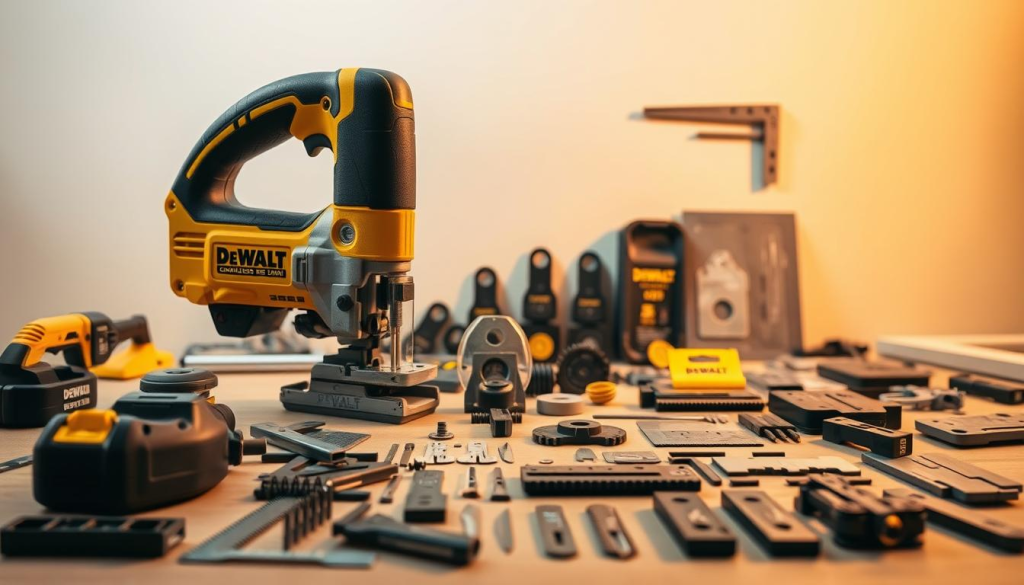 A detailed still life scene showcasing a variety of DEWALT jigsaw accessories. In the foreground, a DEWALT cordless jigsaw stands prominently, surrounded by an assortment of blades, guides, and other attachments. The middle ground features an array of accessories, each meticulously arranged to highlight their individual features and functionality. In the background, a softly lit, minimalist workspace setting provides a clean, uncluttered backdrop, allowing the DEWALT products to take center stage. The lighting is warm and directional, casting subtle shadows and highlighting the textures and materials of the accessories. The composition is balanced and visually appealing, capturing the high-quality craftsmanship and versatility of the DEWALT jigsaw tools.
