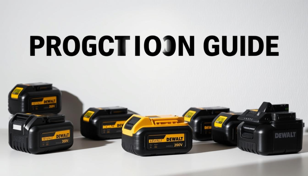 A detailed, well-lit product selection guide for DEWALT 20V batteries, showcasing various battery models against a clean, minimalist background. The batteries are displayed at an angle, casting soft shadows, with subtle highlights emphasizing their textures and designs. The composition is balanced, drawing the viewer's eye to the center of the frame where the batteries are prominently featured. The overall mood is professional, informative, and captures the high-quality, reliable nature of the DEWALT brand.