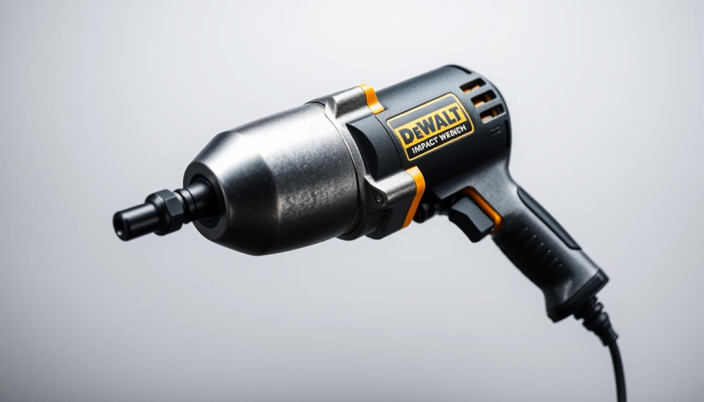 A heavy-duty impact wrench with a powerful 1/2-inch drive, captured in a well-lit, high-contrast studio setting. The wrench is showcased against a neutral background, its rugged metallic body and sturdy construction emphasized through carefully crafted lighting and angles. The image conveys the tool's robust and durable nature, highlighting its ability to handle demanding applications such as automotive repairs, machinery maintenance, and construction tasks. The overall composition and lighting create a sense of professionalism and technical expertise, aligning with the subject matter and the article's focus on the DeWalt 1/2 Impact Wrench's powerful performance.