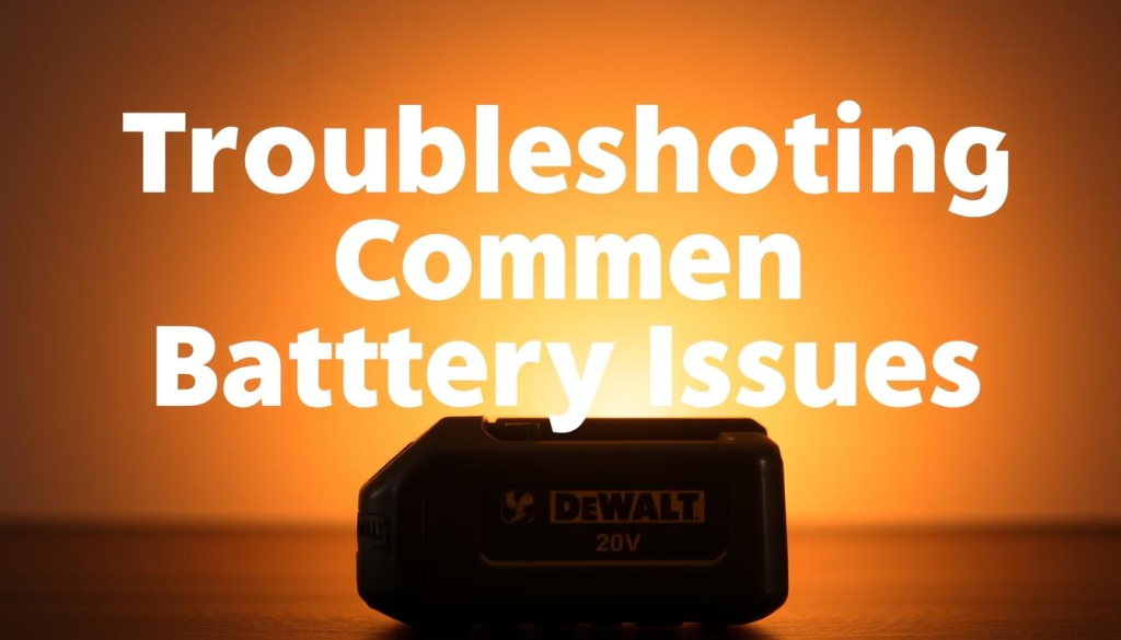 A high-angle shot of a DEWALT 20V cordless power tool battery, backlit by a warm, soft light. The battery is presented in the foreground, with a clean, minimalist background that allows the battery to be the focal point. The image showcases the battery's sleek, modern design, with emphasis on its sturdy construction and intricate circuitry. The lighting is carefully calibrated to create a sense of depth and dimensionality, highlighting the battery's various components and textures. The overall mood is one of technical precision and problem-solving, setting the stage for the "Troubleshooting Common Battery Issues" section of the article.