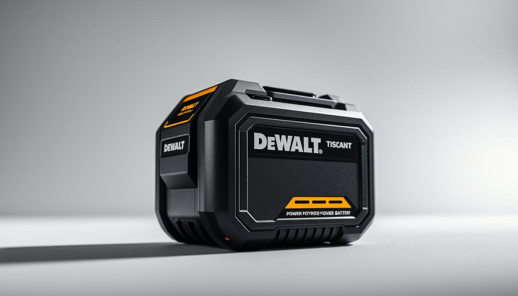 A high-contrast, wide-angle shot of a DEWALT battery pack, showcasing its rugged construction and advanced features. The battery is centered in the frame, with a clean, well-lit background that highlights its sleek, modern design. The image should convey the battery's power, durability, and suitability for demanding professional applications. Subtle hints of the tool it powers can be seen in the background, suggesting its versatility. The lighting should be crisp and directional, casting dramatic shadows that accentuate the battery's angular form. The overall tone should be authoritative, emphasizing the battery's reliable performance and competitive advantages.