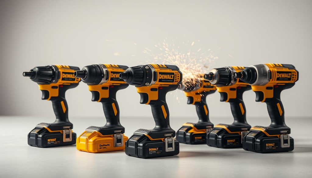 A high-detailed, realistic comparison of multiple DEWALT impact drivers in a well-lit studio setting. The foreground features the impact drivers displayed on a clean, neutral surface, showcasing their design, textures, and key features. The middle ground showcases the drivers in action, with sparks and subtle motion blur to depict their power and performance. The background is a crisp, studio-like environment with soft, directional lighting to accentuate the products. The overall scene conveys a sense of professional evaluation and in-depth assessment of the impact drivers' capabilities.
