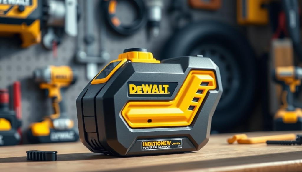 A high-quality 18V DEWALT cordless tire inflator, rendered in photorealistic detail. The inflator is shown in the center, its sleek black and yellow casing gleaming under soft, natural lighting. Crisp shadows and highlights accentuate the device's sturdy construction and ergonomic design. In the background, a blurred workshop setting with DEWALT power tools and accessories suggests the inflator's robust industrial-grade capabilities. The overall scene conveys a sense of reliable performance and professional-grade engineering, appropriate for the "Choosing the Right DEWALT 18V Battery" section of the article.