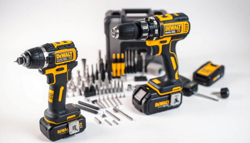 A high-quality DEWALT cordless drill combo kit resting on a clean white surface, with a soft, even lighting illuminating its sleek black and yellow design. The drill and impact driver stand prominently in the foreground, their robust metal housings and knurled grips conveying a sense of power and precision. In the middle ground, various drill bits, screwdriver tips, and other accessories are neatly arranged, highlighting the kit's versatility and comprehensive nature. The background is filled with a subtle, blurred gradient, allowing the tools to be the focal point and emphasizing their professional-grade quality.