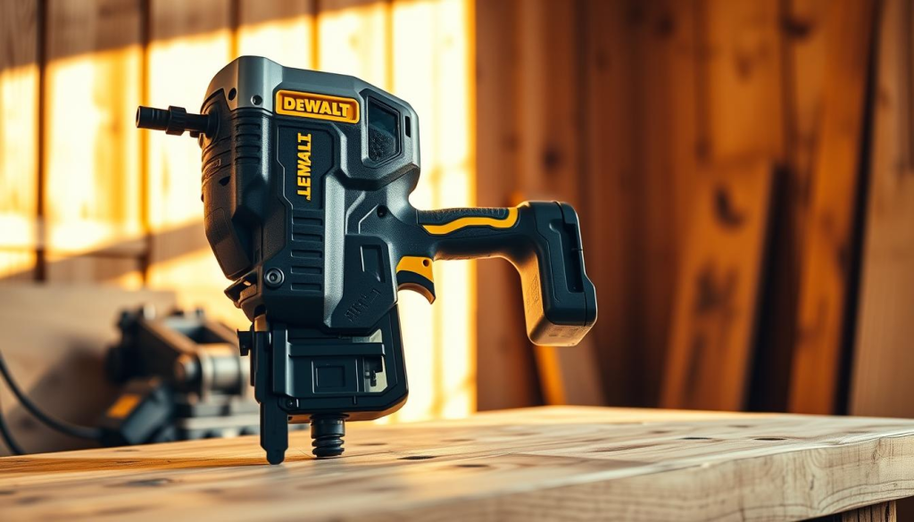A high-quality DEWALT cordless nail gun resting on a workbench, with a sturdy wooden construction in the background. The nail gun is showcased in warm, natural lighting, casting subtle shadows that accentuate its sleek, modern design. The image is captured from a slightly elevated angle, highlighting the tool's ergonomic grip and intuitive controls. The overall atmosphere conveys a sense of professional craftsmanship and the reliable performance that DEWALT is renowned for.