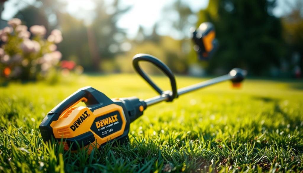 A high-quality DEWALT cordless weed eater resting on a lush green lawn, its sleek black and yellow body gleaming in the warm afternoon sun. The weed eater is prominently displayed in the foreground, with a soft, blurred background of blooming flowers and swaying trees, creating a sense of tranquility. The image is captured with a shallow depth of field, emphasizing the weed eater's intricate details and drawing the viewer's attention to its superior craftsmanship. The lighting is natural and diffused, casting gentle shadows that accentuate the weed eater's contours. The overall tone is one of quality, reliability, and effortless lawn maintenance, reflecting the positive customer reviews of this DEWALT product.