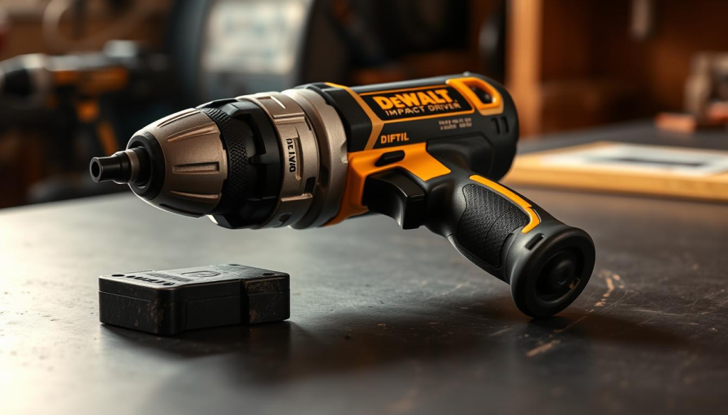 A high-quality DEWALT impact driver resting on a smooth, dark-colored workbench. The tool is meticulously detailed, showcasing its sturdy construction and sleek, silver-and-black design. The image is captured in soft, warm lighting that accentuates the tool's textures and shadows, creating a sense of depth and dimension. The background is slightly blurred, keeping the focus on the impact driver as the central subject. The overall atmosphere conveys a professional, workshop-like setting, highlighting the tool's versatility and suitability for a variety of tasks.