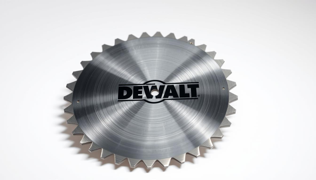 A high-quality DEWALT miter saw blade, gleaming under soft studio lighting, resting on a clean, minimalist white background. The blade is sharp and precisely engineered, its teeth evenly spaced and finely honed. The DEWALT logo is prominently displayed, conveying a sense of professional-grade power and reliability. The lighting casts gentle shadows, highlighting the blade's intricate design and sturdy construction. The overall mood is one of precision, craftsmanship, and the promise of flawless, smooth cuts.