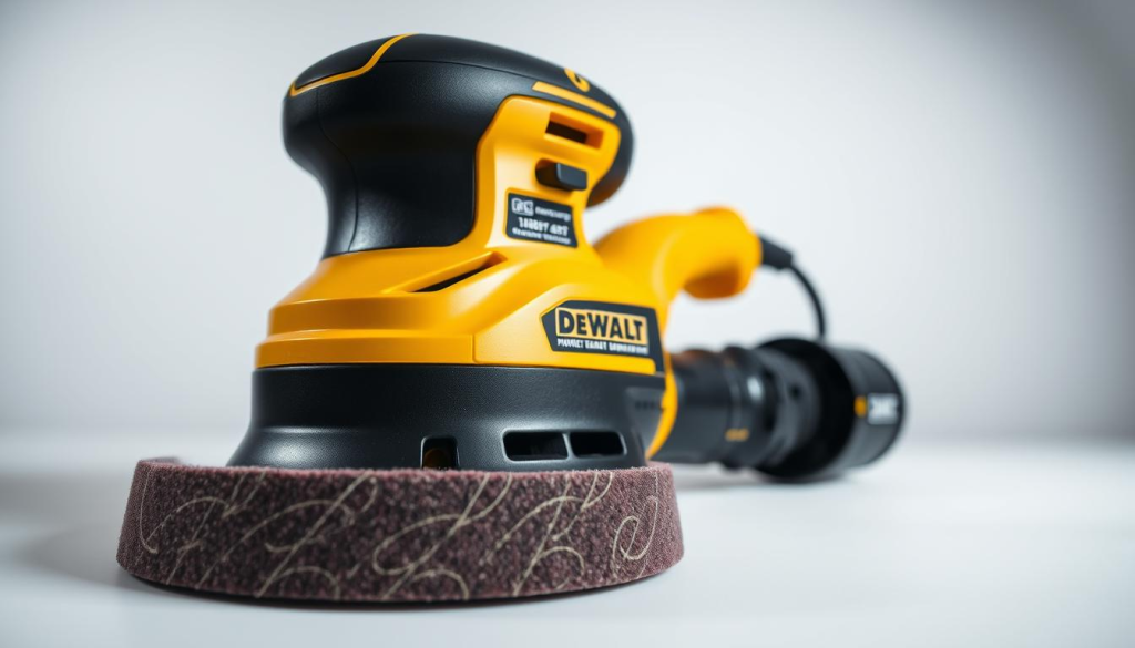 A high-quality DEWALT power sander, its sleek black-and-yellow body gleaming under bright studio lighting. The device is depicted at a three-quarter angle, allowing a clear view of its ergonomic design and various control buttons. In the foreground, the sanding pad is visible, textured and ready to smooth even the roughest surfaces. The background is a clean, minimalist setting, placing the focus entirely on the tool and its intended purpose. The overall atmosphere conveys a sense of precision, efficiency, and the professional-grade quality associated with the DEWALT brand.