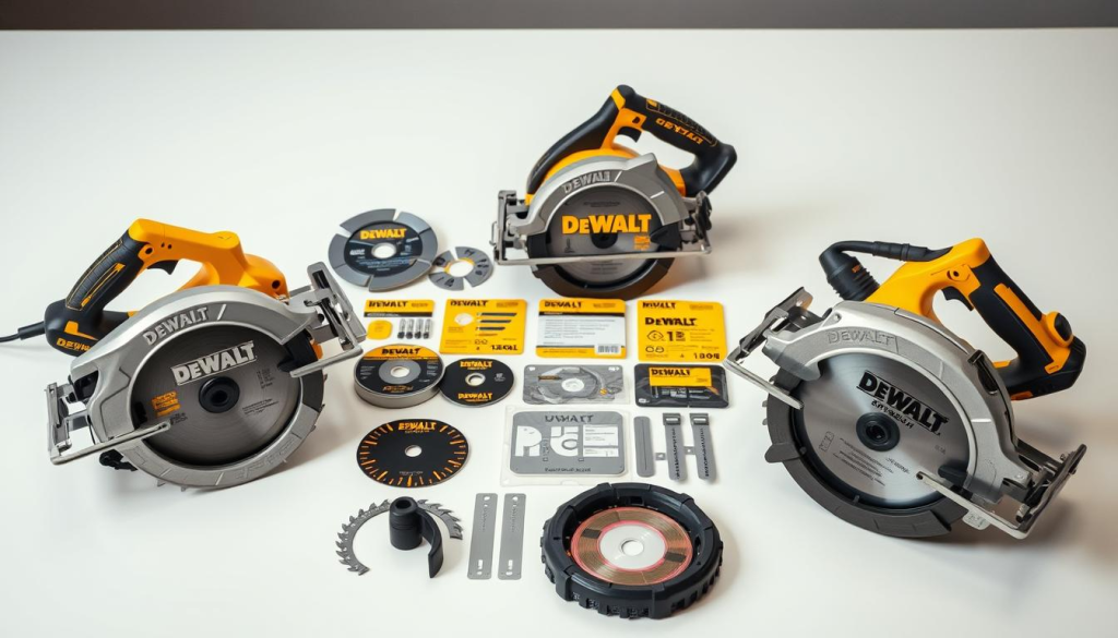 A high-quality DSLR camera captures a well-lit and detailed comparison of DEWALT circular saws on a clean white table. The saws are presented in the foreground, showcasing their distinct features and designs. The middle ground includes various circular saw accessories like blades, guides, and safety guards to highlight the versatility of the DEWALT lineup. The background is evenly lit, creating a professional and informative product display suitable for a buyer's guide.