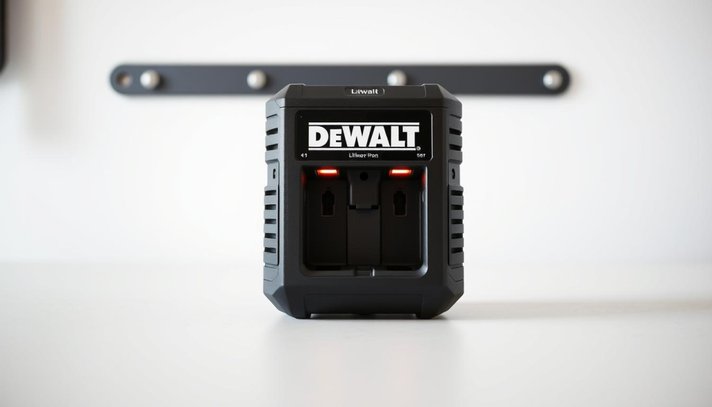 A high-quality DeWalt lithium-ion battery charger standing on a clean, minimalist workbench. The charger has a sleek, rectangular design with the DeWalt logo prominently displayed. The front panel showcases the charging ports and status indicators, illuminated by a soft, warm glow. The charger is positioned in the center of the frame, with a clean, white background that allows the device to take center stage. Subtle shadows and reflections create depth and dimension, highlighting the charger's sturdy construction and premium quality. The lighting is natural and diffused, creating a professional, product-focused atmosphere.