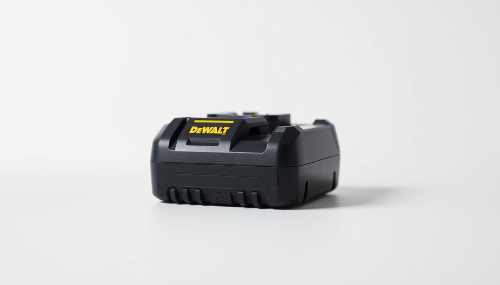 A high-quality, close-up photograph of a DEWALT battery charger against a clean, light background. The charger is positioned centrally, with a sharp focus on the details - the DEWALT logo, the charging ports, the indicator lights, and the sturdy, durable construction. The lighting is soft and even, highlighting the sleek, professional design of the charger. The angle is slightly elevated, giving a clear, unobstructed view of the device. The overall mood is one of reliability, practicality, and attention to technical specifications.