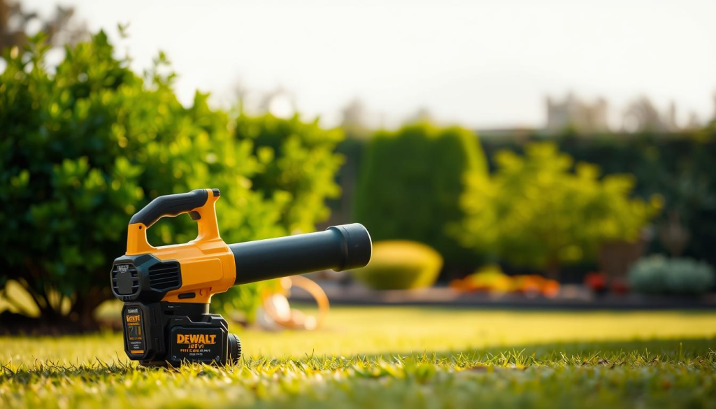 A high-quality, detailed image of a DEWALT 20V leaf blower in a natural outdoor setting. The blower is depicted in the foreground, highlighted with warm, diffused lighting that accentuates its sleek, rugged design. The middle ground features lush green foliage and a hint of a landscaped yard, creating a serene, inviting atmosphere. The background subtly blurs into a soft, hazy sky, conveying a sense of tranquility. The overall composition emphasizes the power and reliability of the DEWALT blower, perfectly capturing the essence of the "Customer Reviews and Experiences" section.