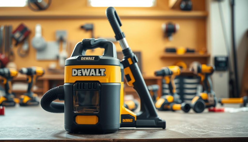 A high-quality, detailed image of a DEWALT cordless vacuum in a well-lit, professional workshop setting. The vacuum is positioned prominently in the foreground, showcasing its sleek, modern design with the DEWALT logo clearly visible. The middle ground features various power tools and accessories, hinting at the vacuum's intended use for efficient dust collection in a workspace. The background is softly blurred, creating a sense of depth and focus on the central vacuum. The lighting is natural, with warm tones that give the scene a professional, polished atmosphere. The camera angle is slightly elevated, providing a clear, unobstructed view of the vacuum's form and features.