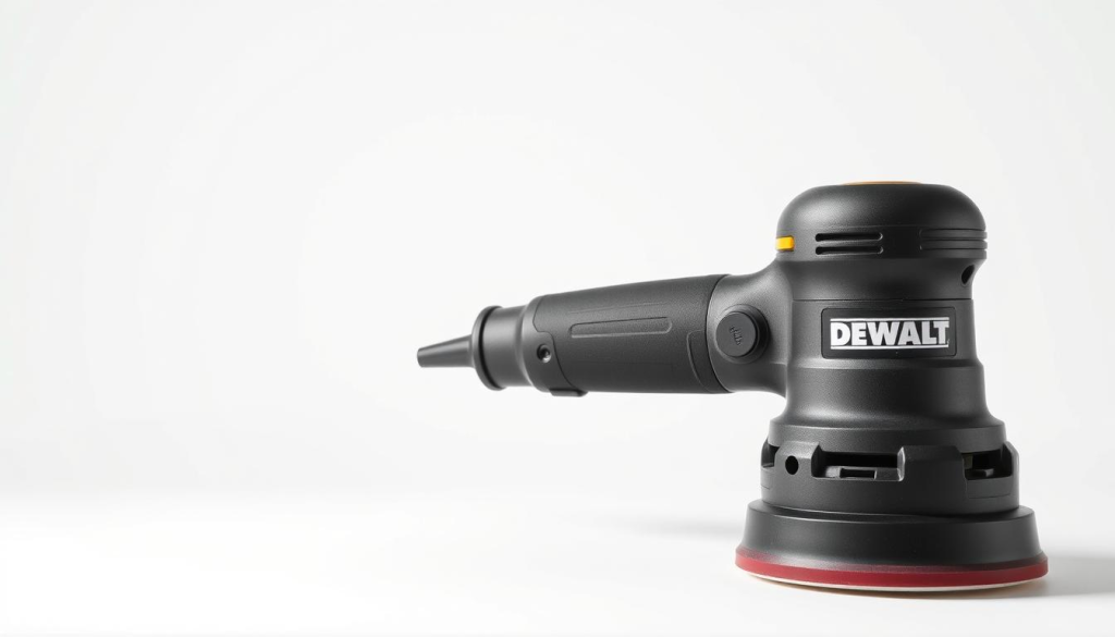 A high-quality, detailed image of a DEWALT random orbital sander, captured in a well-lit studio setting. The sander is positioned at a 45-degree angle, showcasing its sleek, industrial design with a matte black finish. The tool's key features, such as the dual-action sanding motion, dust collection system, and variable speed control, are clearly visible. The image has a clean, professional aesthetic, with a soft, diffused lighting that accentuates the sander's contours and textures. The background is a neutral, seamless white backdrop, allowing the DEWALT sander to be the focal point of the composition.