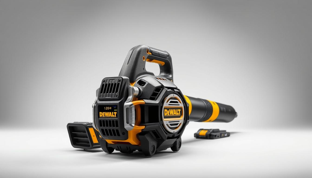 A high-quality, detailed image of the DEWALT 20V MAX cordless leaf blower, showcased in a well-lit, studio-like setting. The blower is positioned prominently in the foreground, highlighting its sleek, modern design with metallic accents. The middle ground features a clean, neutral background, allowing the device to be the focal point. Subtle shadows and highlights create a sense of depth and dimension, showcasing the blower's robust construction and powerful air output capabilities. The overall mood is one of sophistication and technical prowess, reflecting the DEWALT brand's reputation for engineering excellence.