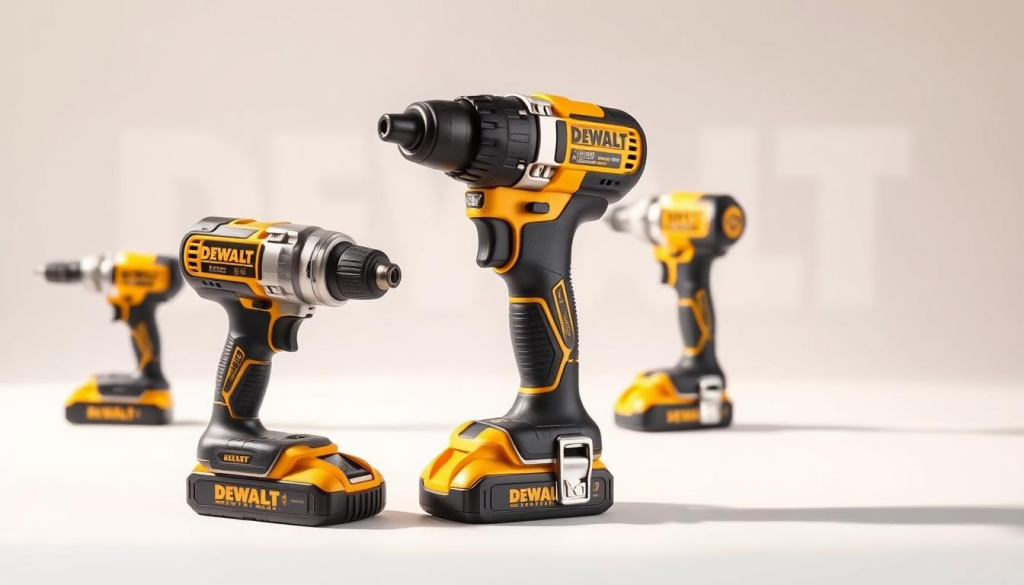 A high-quality, detailed image of the best DEWALT impact driver. Placed on a clean, white background, the impact driver is shown from multiple angles, highlighting its sleek, modern design and robust construction. The device is illuminated by warm, natural lighting, showcasing its metallic finish and ergonomic grip. In the foreground, the impact driver is the primary focus, while in the background, a faint outline of the DEWALT logo subtly reinforces the brand identity. The overall mood is professional, showcasing the tool's quality and performance, catering to the needs of the article's "Popular DEWALT Impact Models" section.