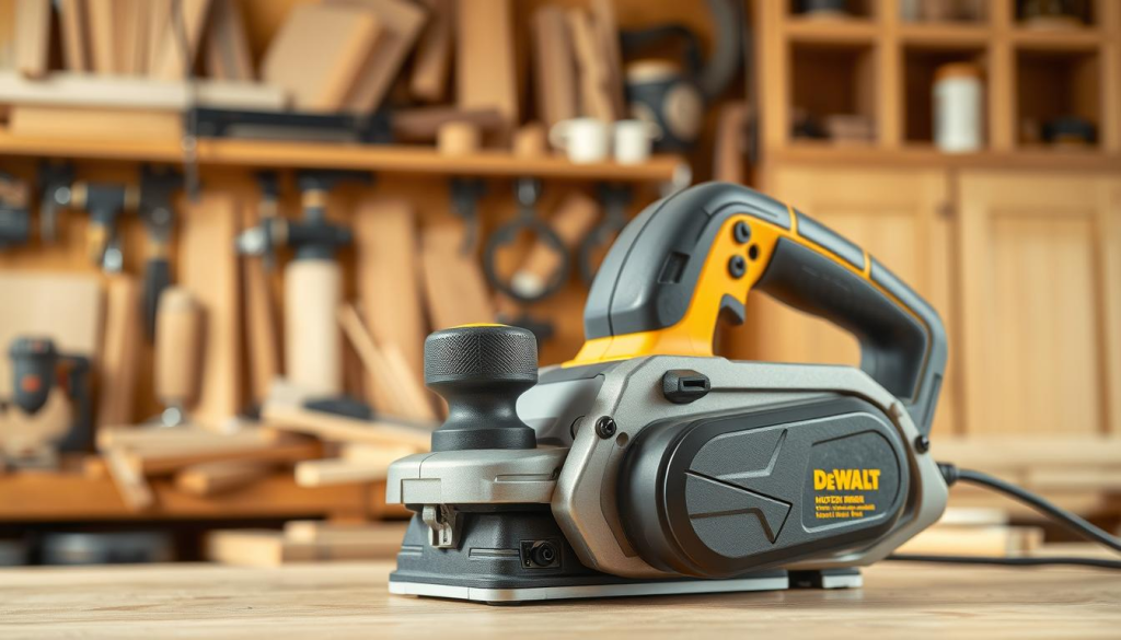 A high-quality, detailed image of the best DEWALT planer for precision woodworking. The planer is prominently displayed in the foreground, its sleek gray and yellow design highlighted by natural lighting. In the middle ground, various woodworking tools and materials are arranged, suggesting the planer's versatility and application in a professional workshop setting. The background features a warm, softly blurred workshop interior, with wooden shelves and cabinets, creating a cozy, inviting atmosphere. The overall composition emphasizes the planer's craftsmanship, power, and suitability for high-precision woodworking tasks.