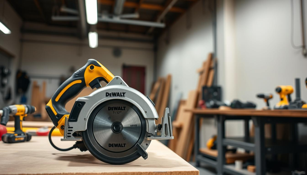 A high-quality, highly detailed, cinematic image of a DEWALT 7-1/4" Circular Saw, set against a clean, well-lit workshop background. The saw is positioned in the foreground, with a sharp focus on its metal construction, ergonomic handle, and powerful blade. The middle ground features various power tools and a workbench, creating a sense of depth and context. The background showcases a clean, organized workshop space with neutral tones, allowing the DEWALT saw to be the focal point. Soft, directional lighting highlights the saw's features and casts subtle shadows, enhancing the sense of depth and realism. The overall mood is one of precision, reliability, and professionalism, reflecting the DEWALT brand's reputation for high-quality power tools.