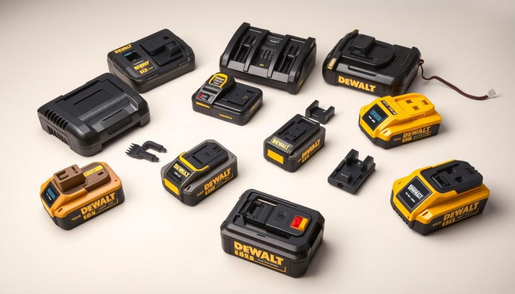 A high-quality, highly detailed image of DEWALT 18V battery accessories, captured in a well-lit studio setting with a crisp, professional camera lens. The accessories are neatly arranged on a clean, neutral-colored surface, showcasing their sleek, modern design and various components. The image emphasizes the versatility and functionality of the accessories, with a focus on their seamless integration with the DEWALT 18V battery system. The lighting is soft and even, highlighting the materials and textures of the accessories. The overall composition is balanced and visually appealing, conveying a sense of professionalism and attention to detail.