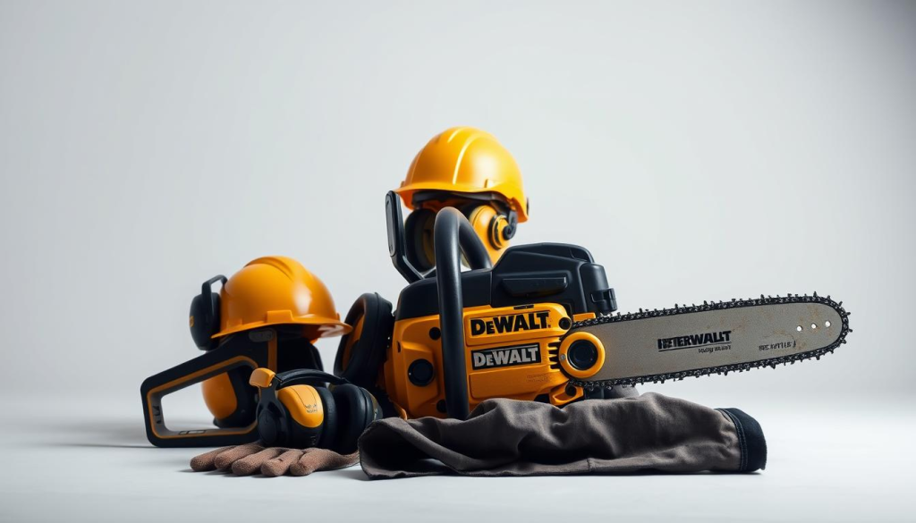 A high-quality image of a DeWalt chainsaw with safety gear, captured in a well-lit, professional studio setting. The chainsaw is prominently displayed in the foreground, surrounded by a set of personal protective equipment (PPE) including a safety helmet, hearing protection, work gloves, and heavy-duty chaps. The PPE items are positioned neatly and organized, emphasizing their importance. The background is clean and minimalist, allowing the chainsaw and safety gear to be the focal point. The lighting is soft and diffused, creating a sense of balance and highlighting the details of the equipment. The overall composition and styling convey a message of safety and professionalism when using a powerful tool like a DeWalt chainsaw.