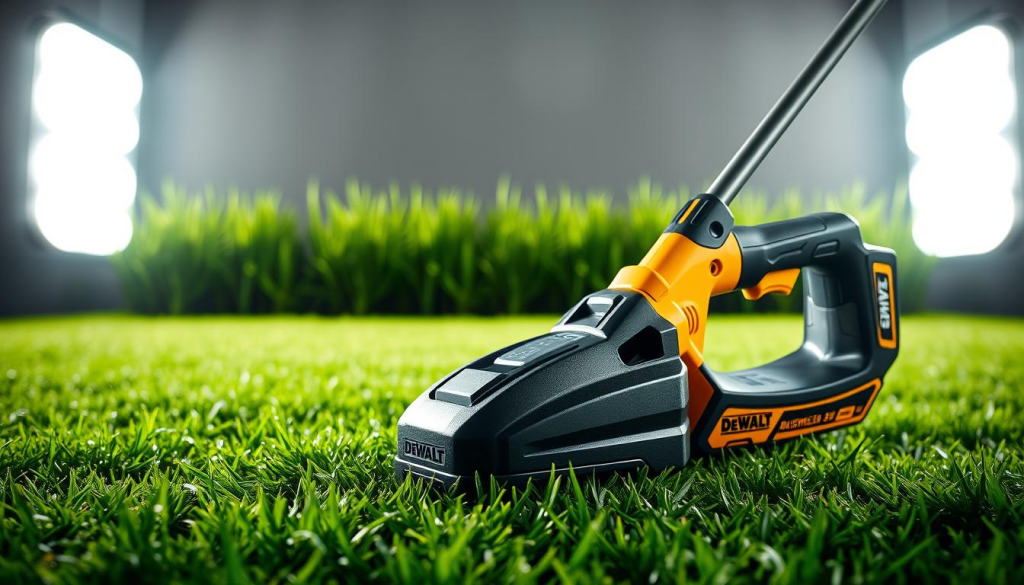 A high-quality, photorealistic image of a DEWALT cordless grass trimmer, captured in a well-lit, professional studio setting. The trimmer is prominently displayed in the foreground, its sleek, industrial design and powerful brushless motor clearly visible. The middle ground features a lush, vibrant green lawn, hinting at the trimmer's exceptional cutting performance. The background is slightly blurred, emphasizing the trimmer as the focal point. Careful attention is paid to the lighting, creating dramatic shadows and highlights that accentuate the trimmer's robust construction and engineering precision. The overall composition and mood convey a sense of power, efficiency, and the professional-grade capabilities of this cordless grass trimmer.