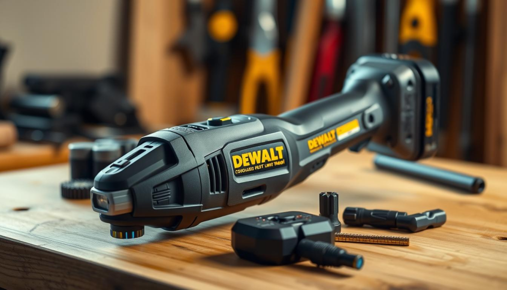 A high-quality, professional-grade DEWALT cordless multi-tool sits on a wooden workbench, its sleek, gray body gleaming under warm, directional lighting. The tool's various attachments and accessories are neatly arranged around it, showcasing its versatility. The background is softly blurred, drawing the viewer's attention to the multi-tool as the focal point. The image conveys a sense of precision, power, and the tool's ability to handle a wide range of DIY tasks with ease.