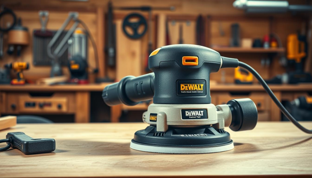 A high-quality, realistic DEWALT random orbital sander in a well-lit workshop setting. The sander is the central focus, prominently displayed against a backdrop of wooden workbenches, power tools, and other workshop equipment. The sander is shown in intricate detail, showcasing its sturdy construction, ergonomic design, and key features like the variable speed control and dust collection system. The lighting is natural and evenly distributed, creating warm, realistic shadows and highlights that emphasize the sander's textures and curves. The overall composition is balanced and visually appealing, conveying the sander's quality and functionality in a professional, informative manner.